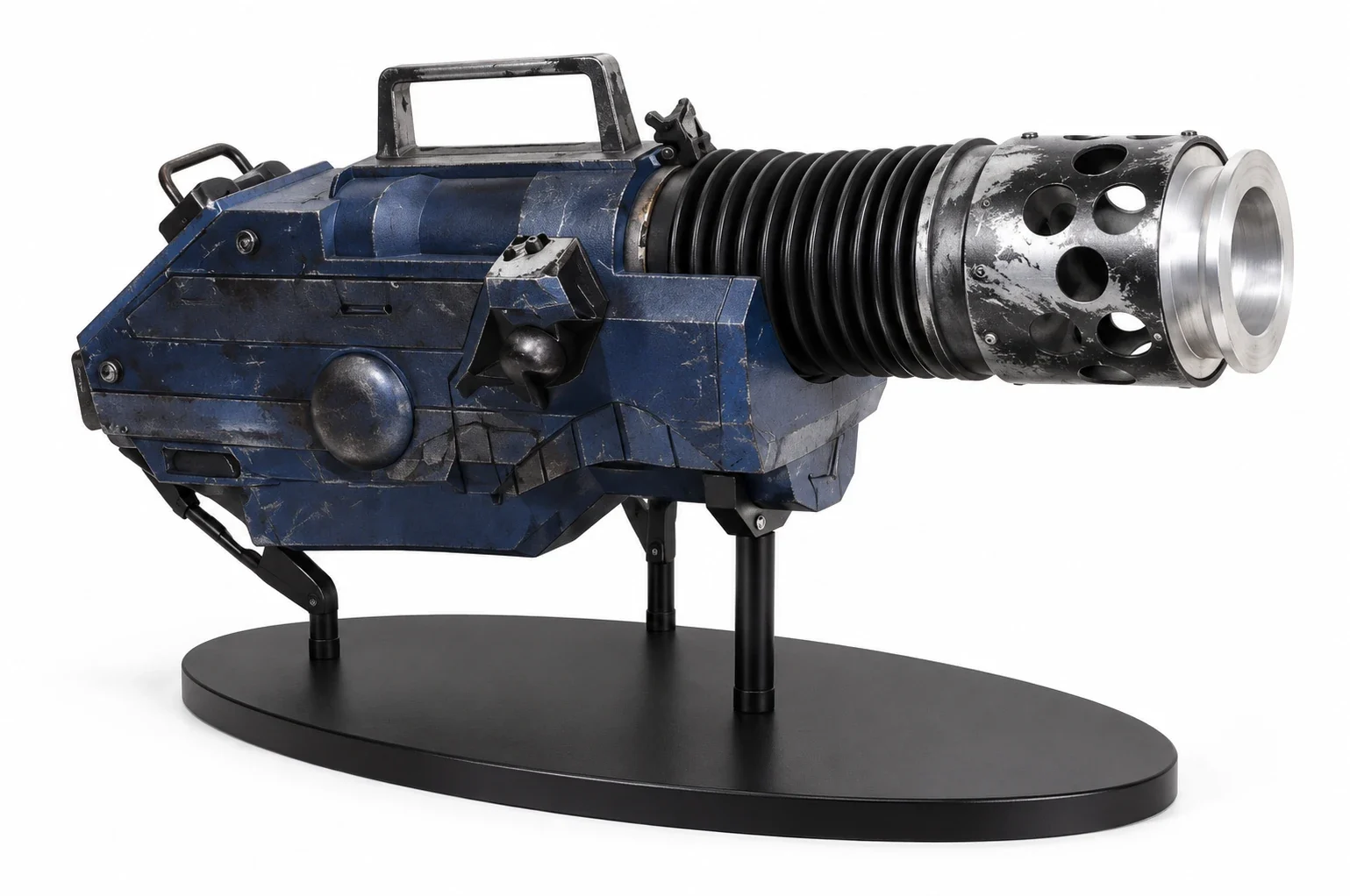 Blue fictional mining-laser prop with ribbed barrel and silver muzzle.