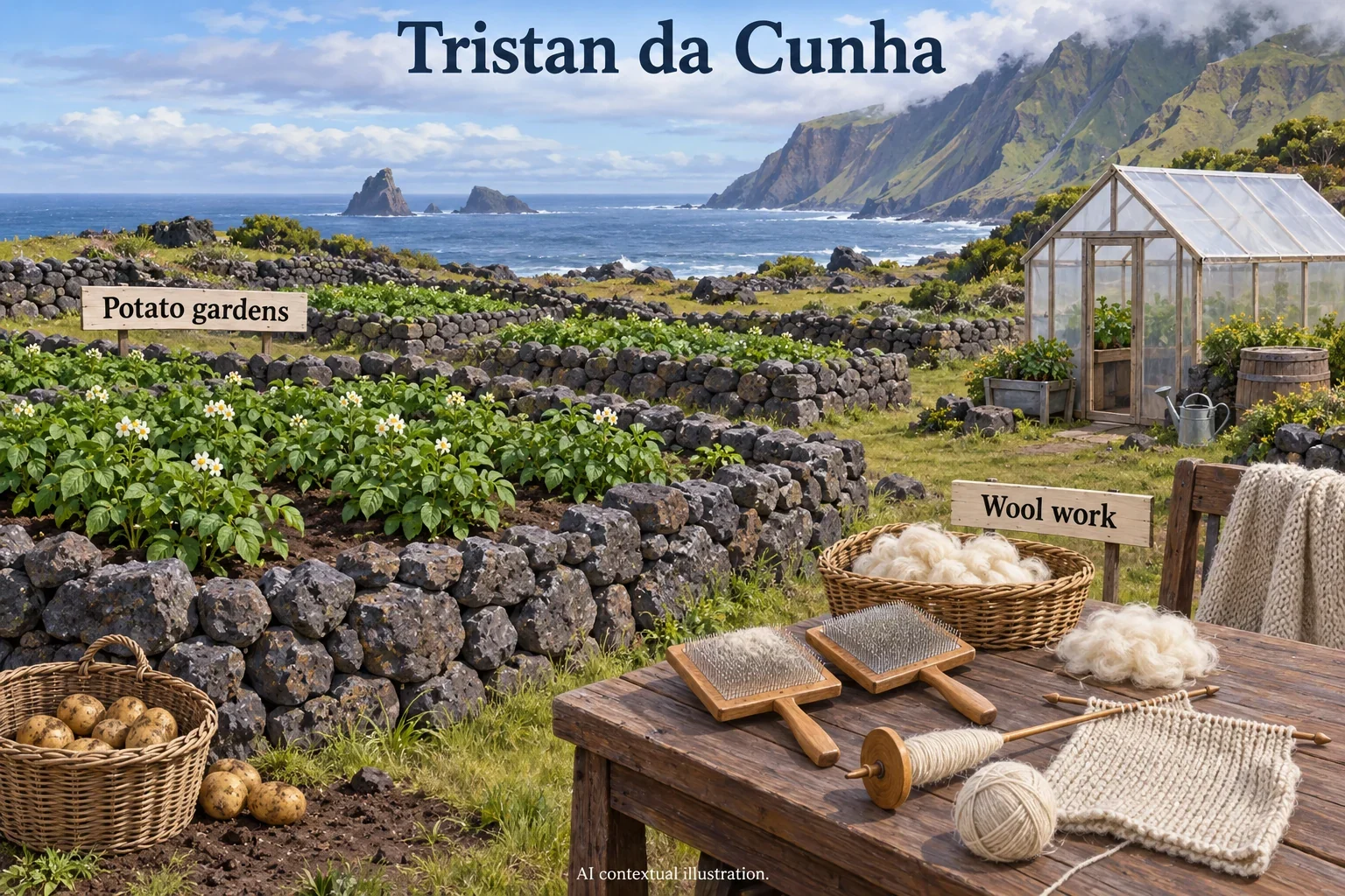 AI concept of Tristan potato gardens and hand wool work, from the 2019 account.