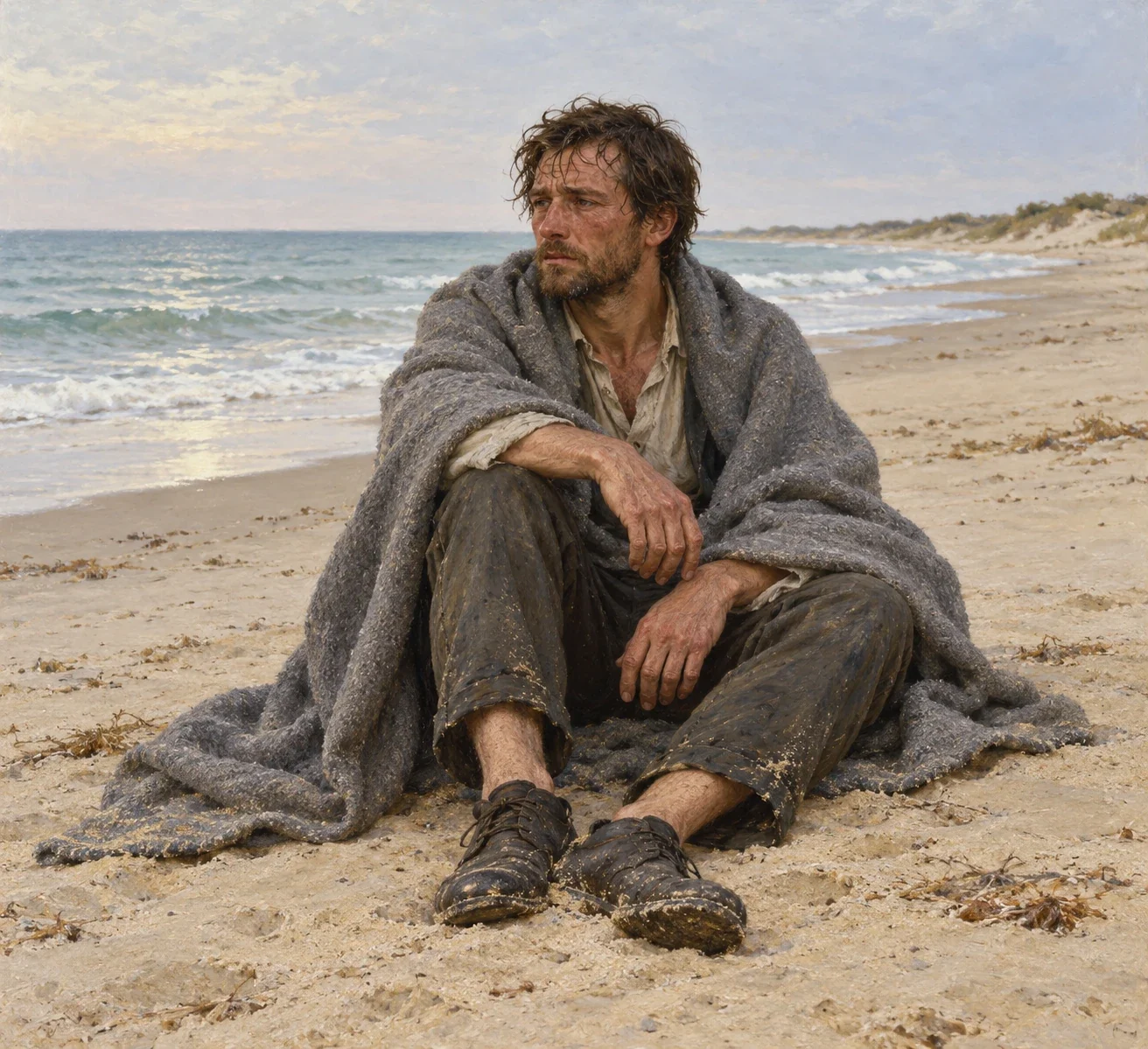 AI interpretation of Crane's injured captain resting onshore after the rescue, with a loosely wrapped blanket.