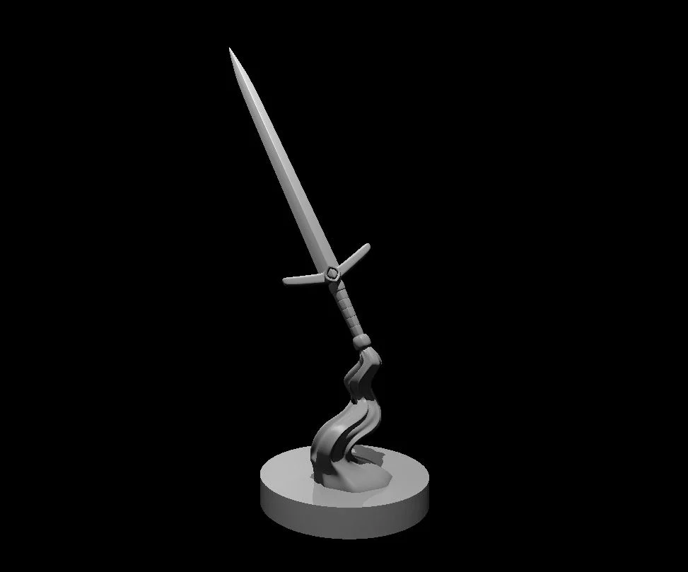Grey sword miniature tilted upward, held aloft by a curved sculpted support rising from a circular base, against black.