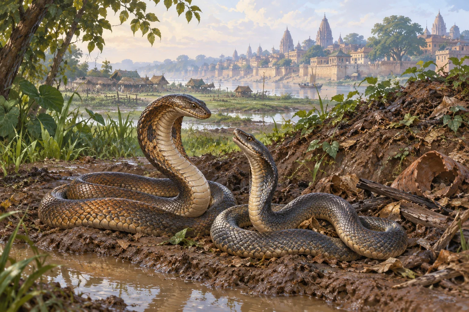 Two serpents face one another beside a muddy ditch and refuse mound, with a settlement across the water.