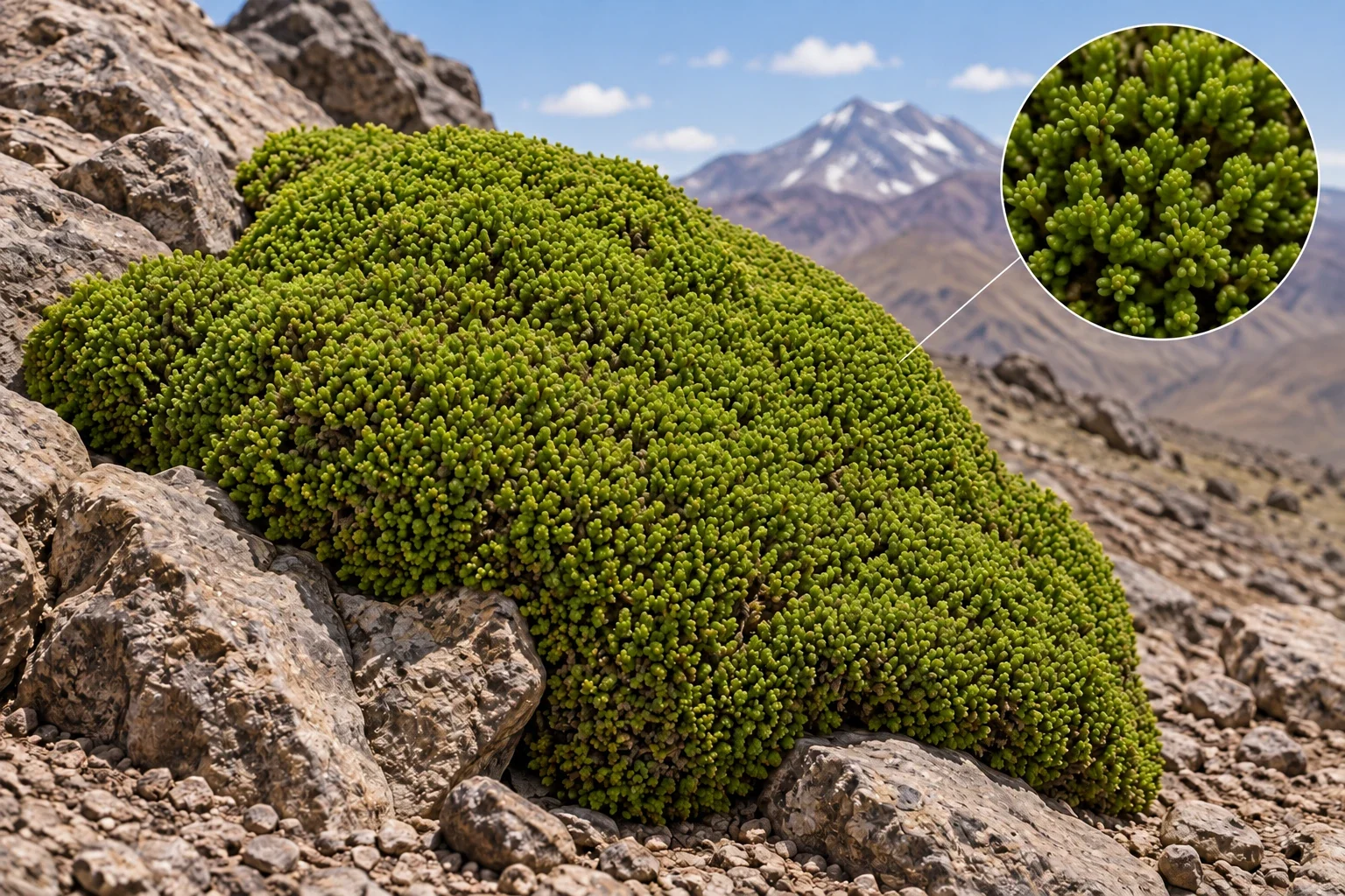 Modern AI interpretation of a woody cushion plant.