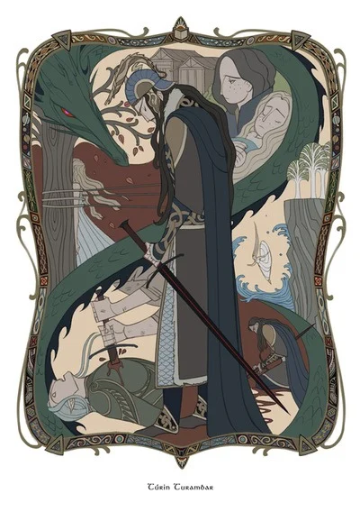 Wavesheep’s framed Túrin Turambar illustration, with a long green dragon curling around the standing swordsman and several smaller story scenes.