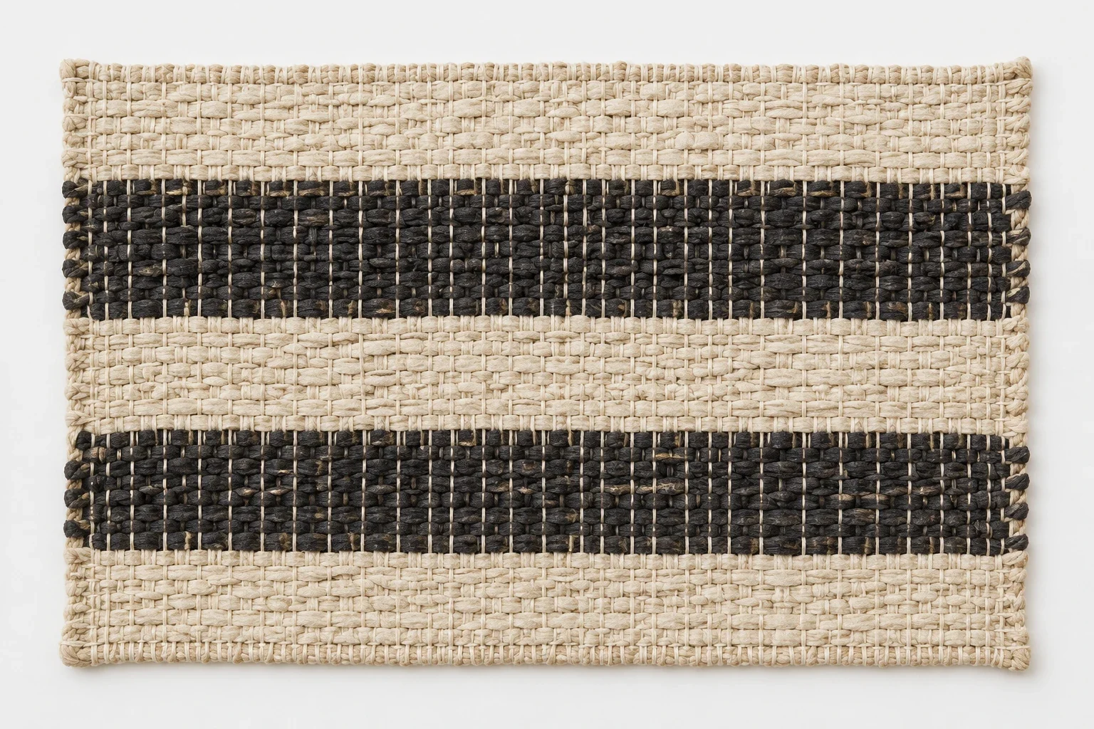 AI-generated woven swatch with thick rag-strip weft, finer crossing warp and simple light/dark bands.