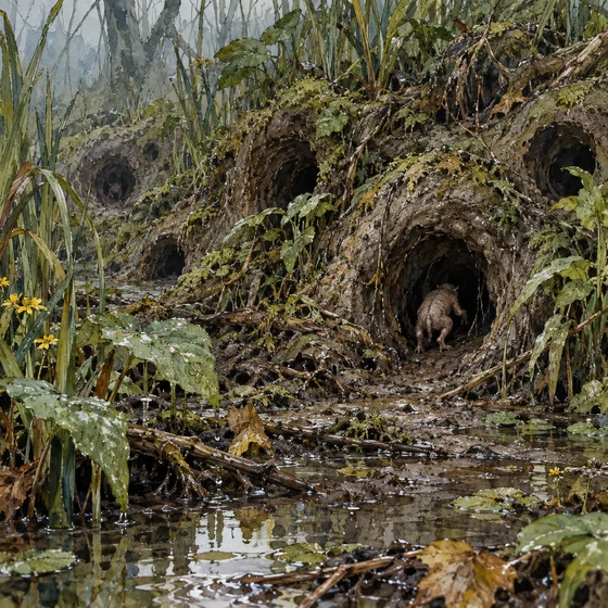 An imagined Nekker colony entrance in wet woodland.
