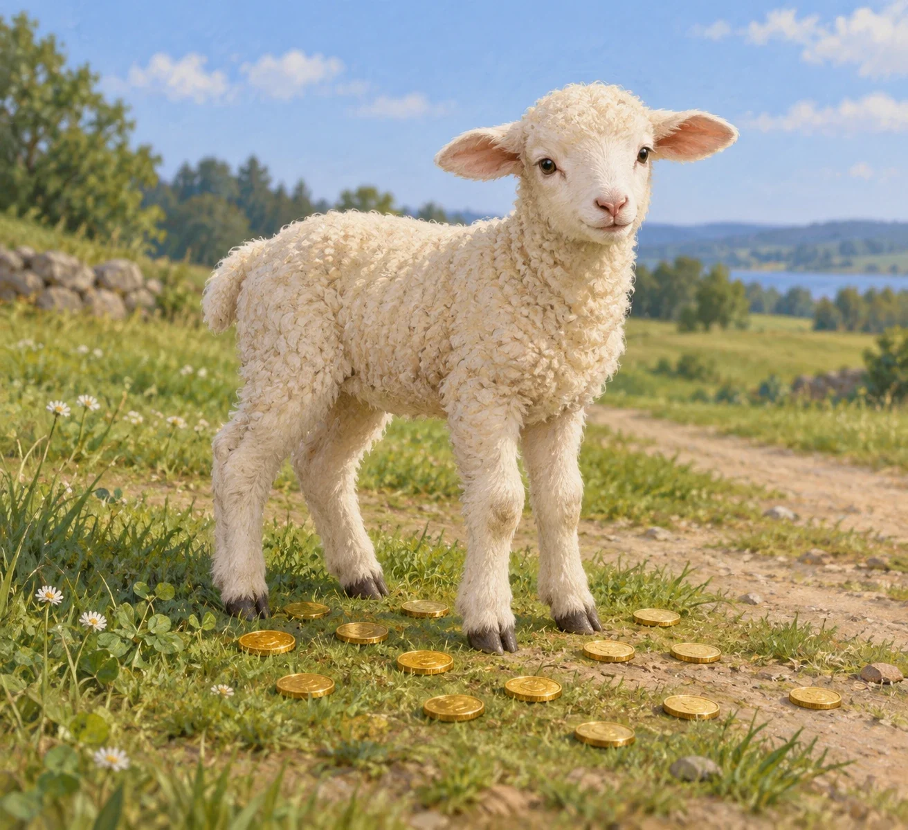 A pale lamb stands beside a rural path with golden coins scattered around its feet.