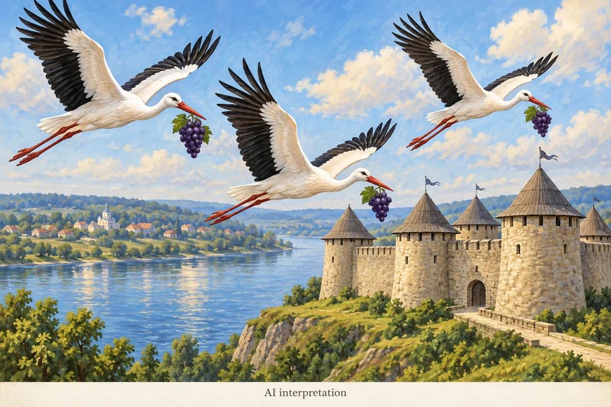 AI interpretation of storks carrying grapes above Soroca. Birds and fortress imagined; no historical reconstruction.