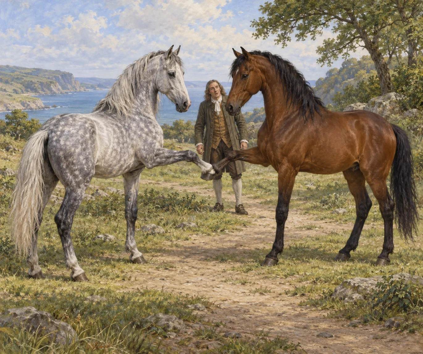 Modern AI interpretation of a dapple-gray and brown-bay Houyhnhnm touching right forehooves in greeting while Gulliver watches. Equine bodies and greeting follow the selected passage; composition and fine features are imagined.