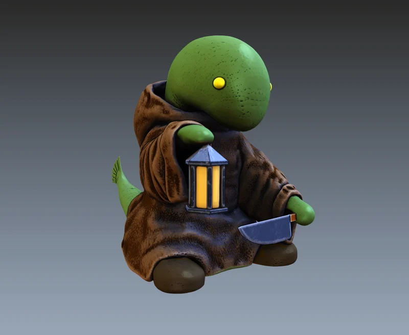 Tonberry fan sculpt with a round green head and yellow eyes, wearing a brown hooded robe and holding a glowing lantern and broad knife; a small green tail protrudes behind it.
