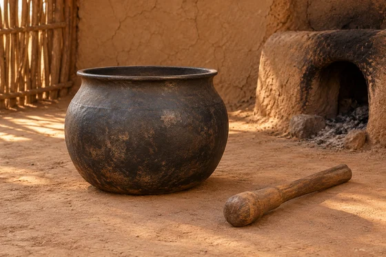 Complete ordinary cooking pot beside an oven opening and a separate wooden club.