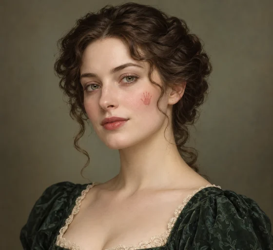 Independent head-and-shoulders literary portrait of adult Georgiana, healthy delicate complexion, a tiny crimson hand-shaped birthmark at the centre of HER OWN LEFT CHEEK (viewer’s right), complete head inside generous margins.