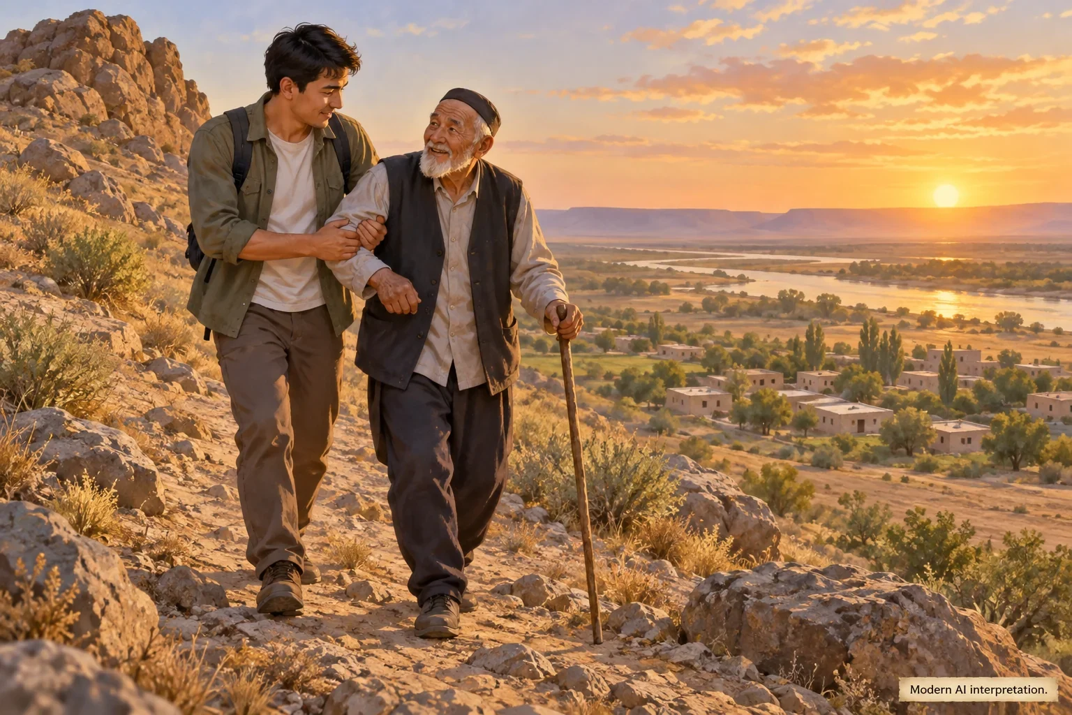 Modern AI interpretation of Chilpik helping his father home.