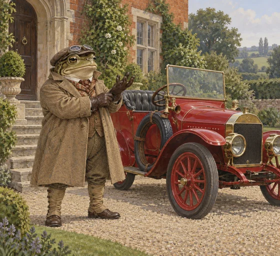 Unofficial AI interpretation of Toad beside the red motorcar at Toad Hall. Goggles, cap, gaiters, overcoat and gauntleted gloves follow the novel; skin colour, fine anatomy, car model and setting details are imagined. No adaptation costume or official artwork is claimed.