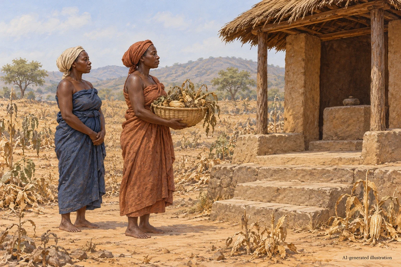 Two imagined female messengers carry a basket of withered produce to a shrine.