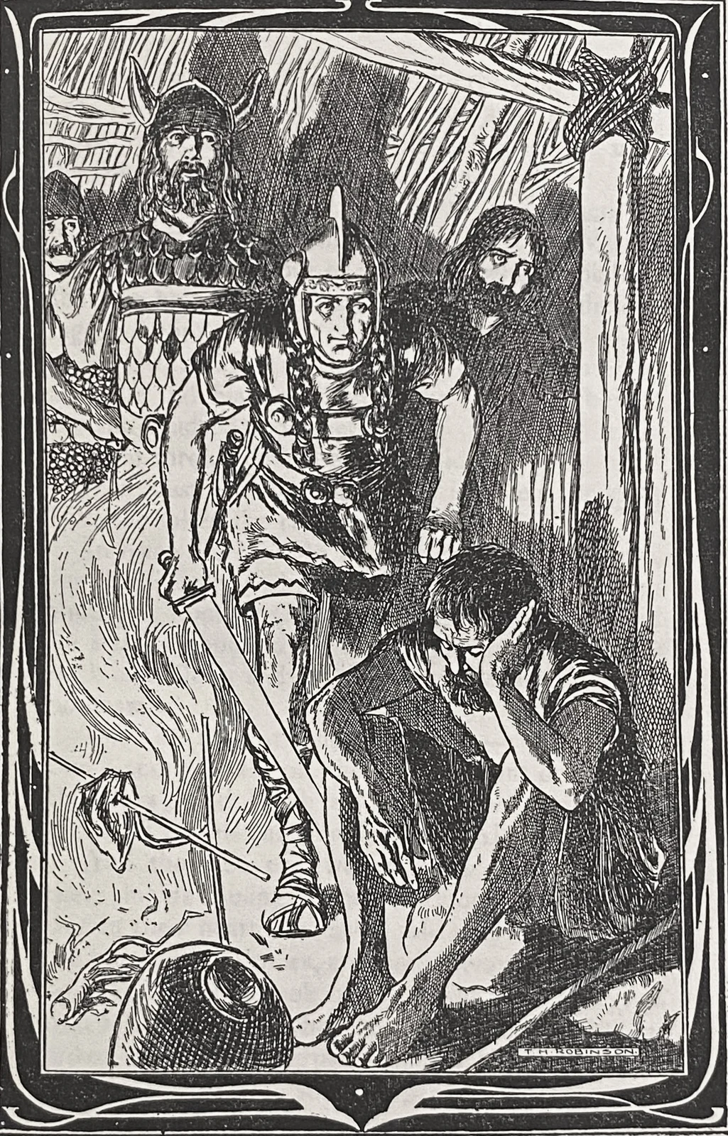 Völund sleeps by the fire as King Níðuðr’s men approach, Thomas Heath Robinson, 1903