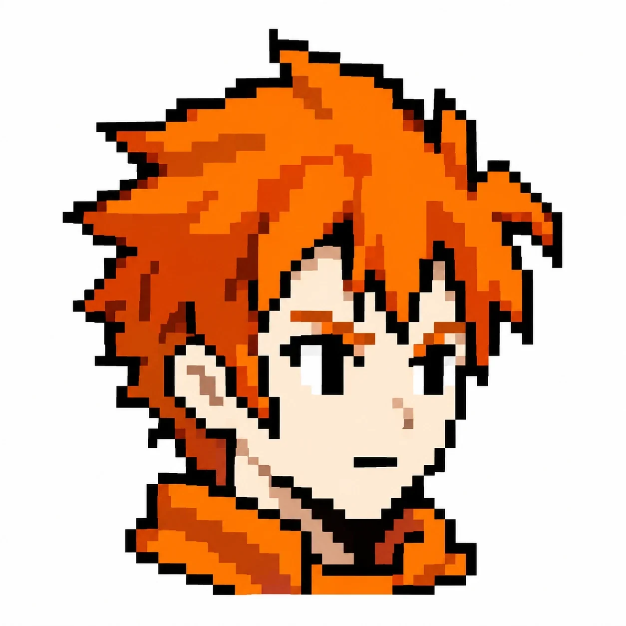 Desch, original-game sprite interpretation: angular orange hair, pale face, black pixel eyes, bold black outlines and orange clothing.