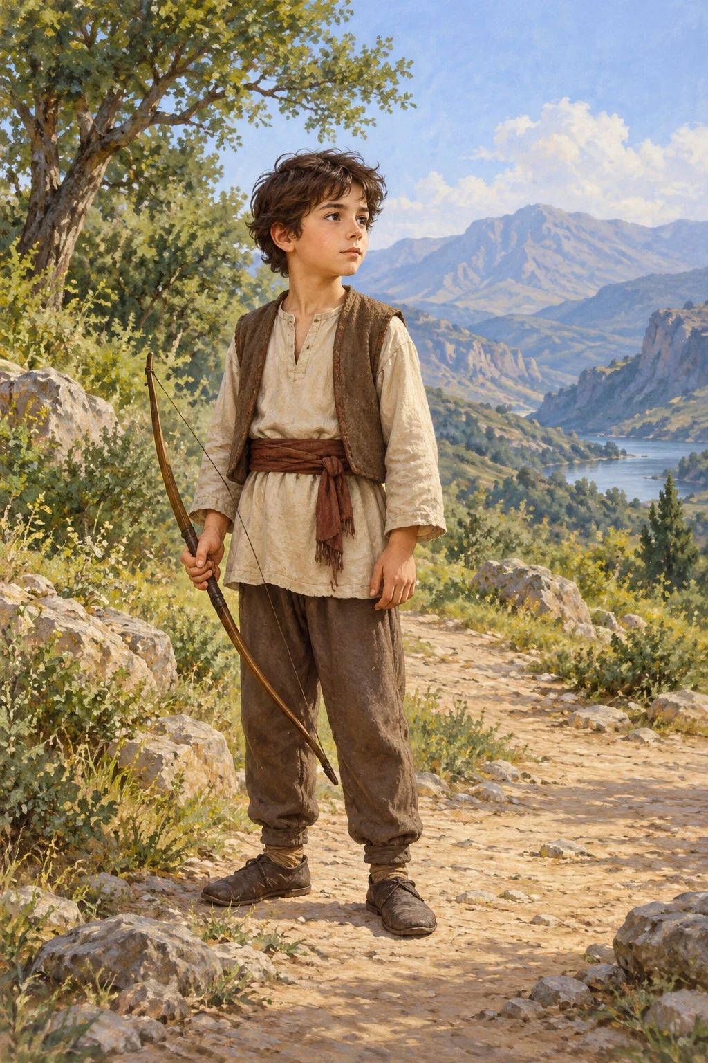 A fully clothed boy stands with a lowered simple bow beside a quiet path