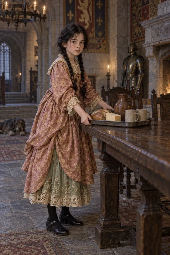 Imagined Mabel in faded pink-and-gold brocade places a tin tray of bread, cheese and water on a castle-hall table.
