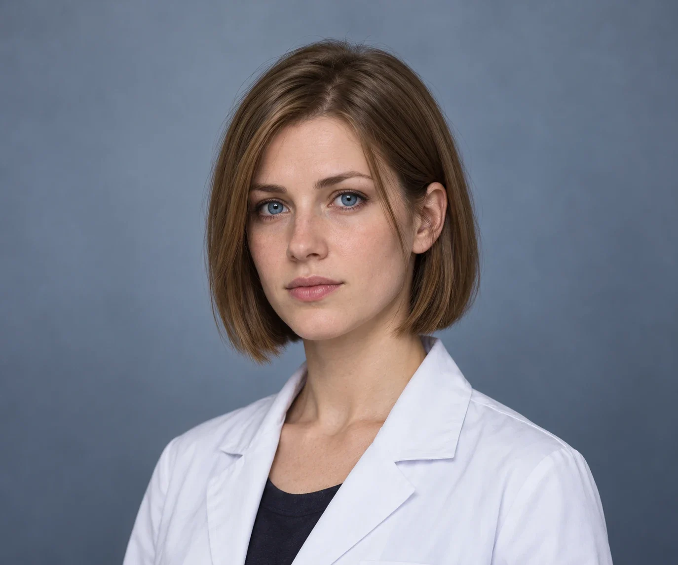 Annette Birkin portrait: straight chin-length light-brown hair, blue eyes, white lab coat over dark top.