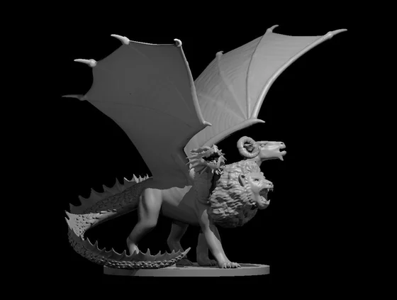 Grey winged chimera miniature combining lion, goat and dragon heads, a lionlike body and long spined tail, on an oval base against black.