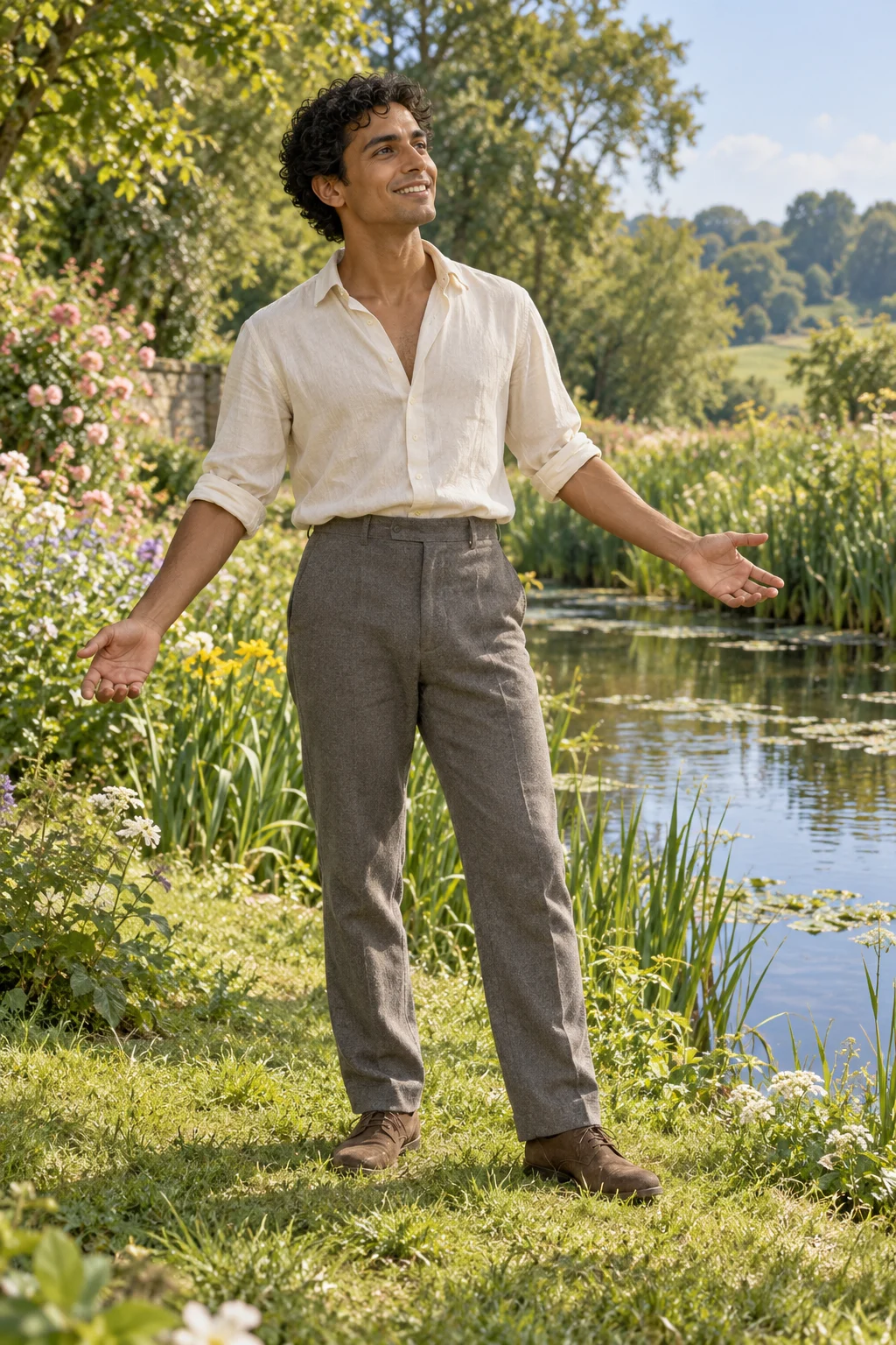 A complete youthful man with short black curls and dark eyes stands by a summer stream, his arms gently open.