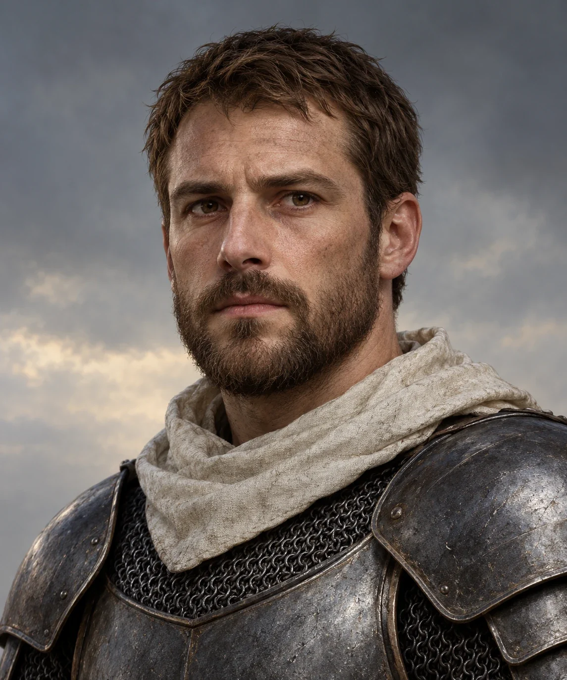 Hyle Hunt, card-art interpretation: weathered plain face, short brown hair, close brown beard, pale cloth collar over dark plate shoulders and mail.