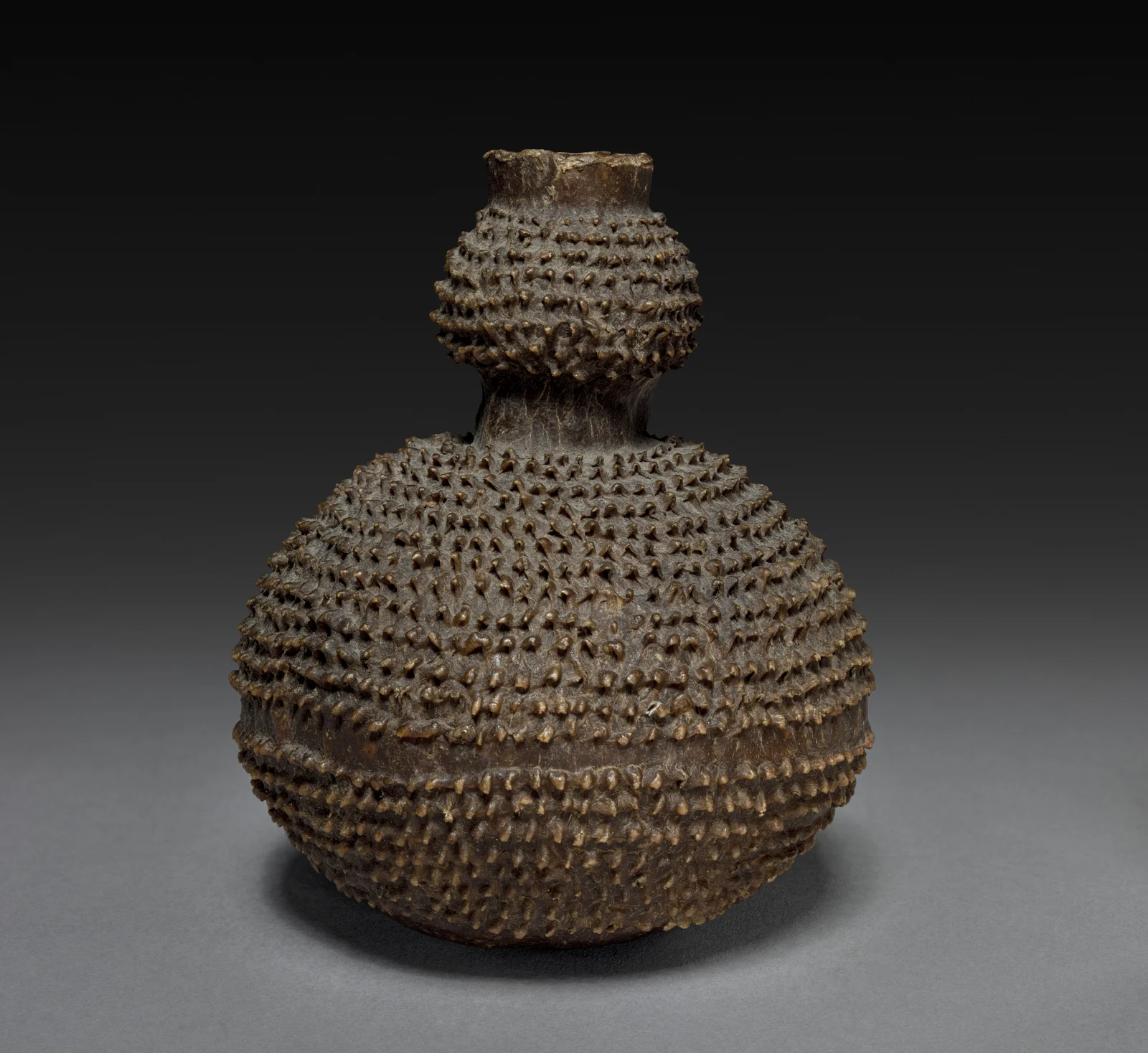 Dark brown double-bulbed snuff container with dense rows of small protrusions and an irregular open neck, catalogued as the work of a Xhosa-style maker.