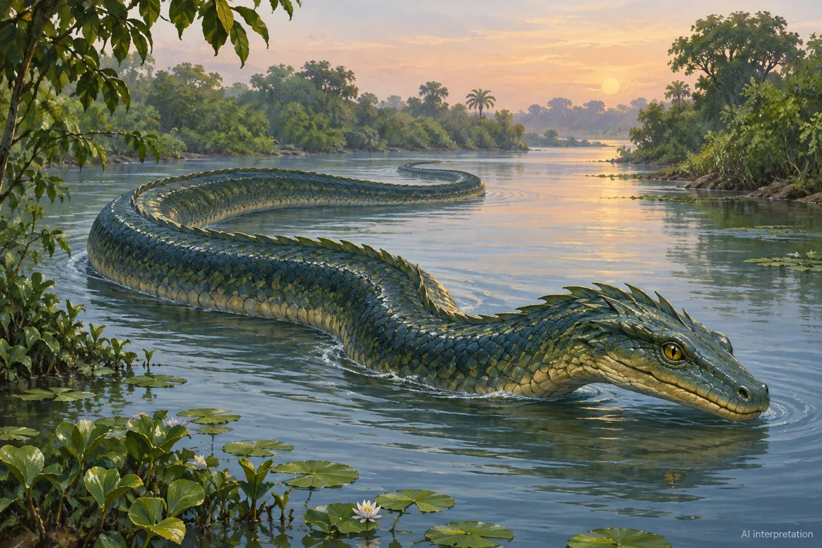 AI interpretation of the Ninki Nanka’s snake form. Creature and creek imagined; one variant, not evidence of an animal.
