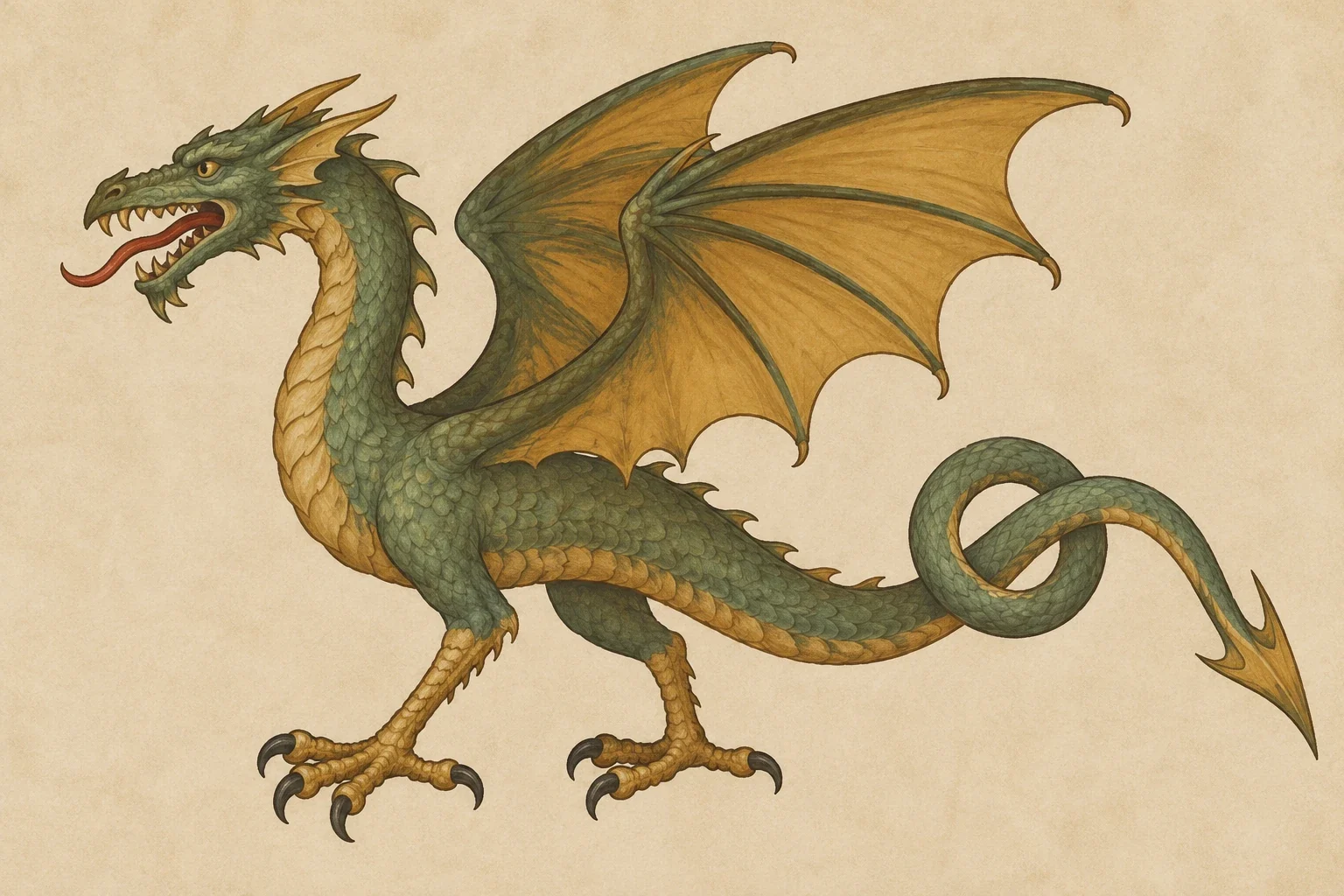 An imagined heraldic wyvern with two taloned legs, two wings and a barbed knotted tail on a neutral ground