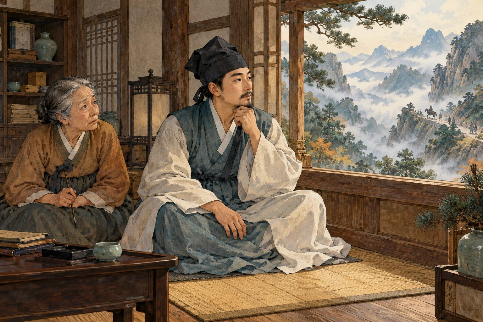 Cheung Puk-chang sits with his aunt, looking toward an imagined mountain pass that evokes his reported distant vision.
