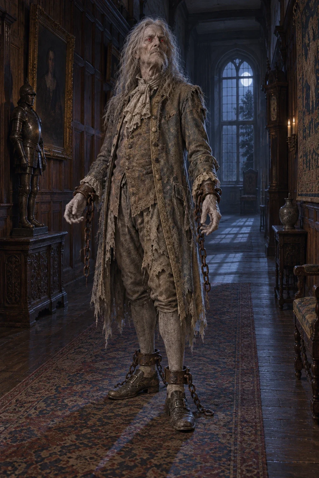 AI interpretation of Sir Simon's first corridor appearance, with grey hair, red eyes and rusty restraints.
