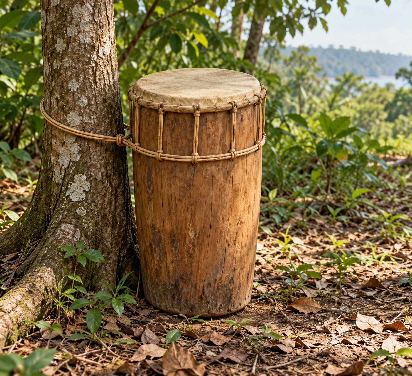 Complete plain drum secured with rattan beside a tree.