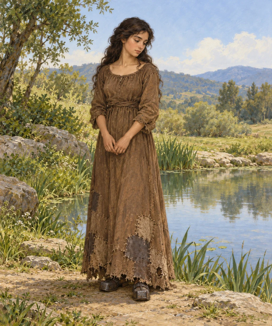 A woman in a worn brown gown and iron shoes stands beside a pond.