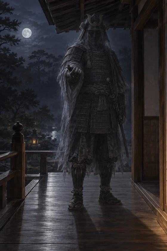 Armoured translucent figure extends a hand on a moonlit verandah.