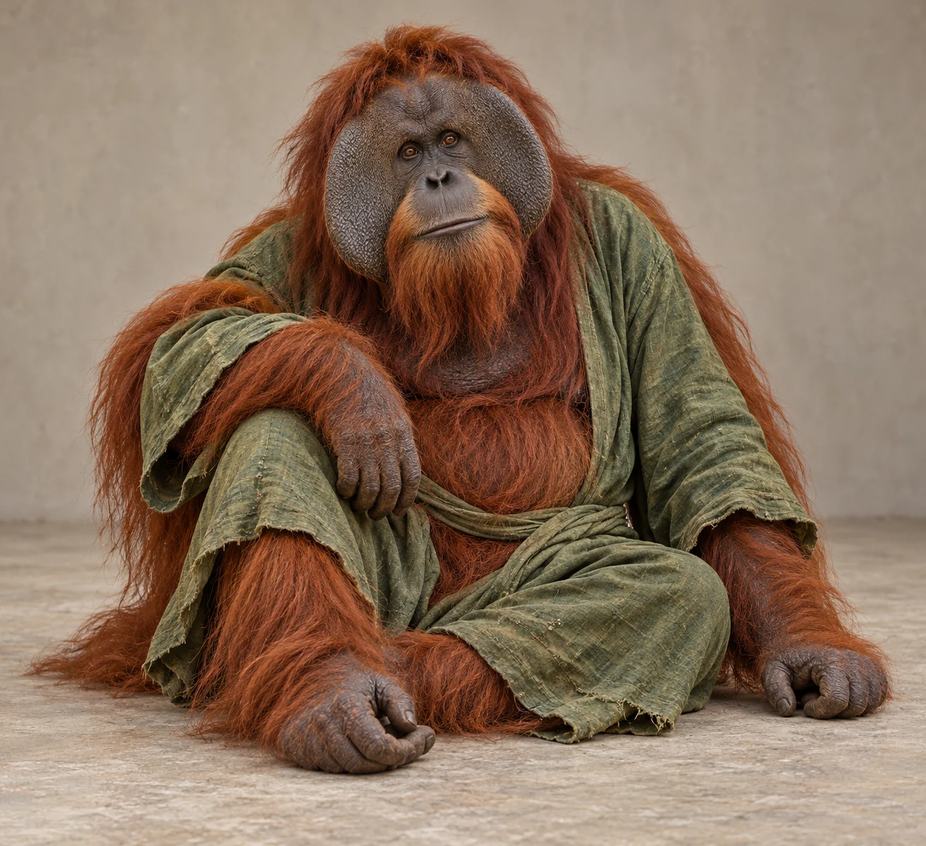 Large orangutan in green robe.