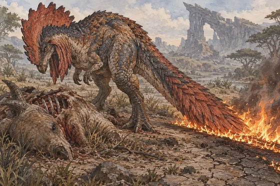 Imagined Quematrice scavenging beside a carcass while rubbing its long tail across flammable ground material.