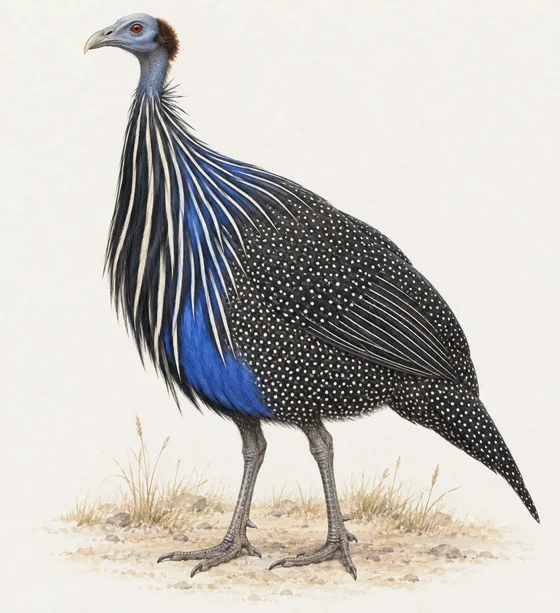 Vulturine guineafowl - AI-generated scientific interpretation.