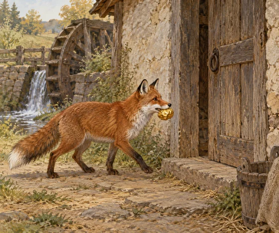 Fox carrying a golden lump toward a mill doorway.