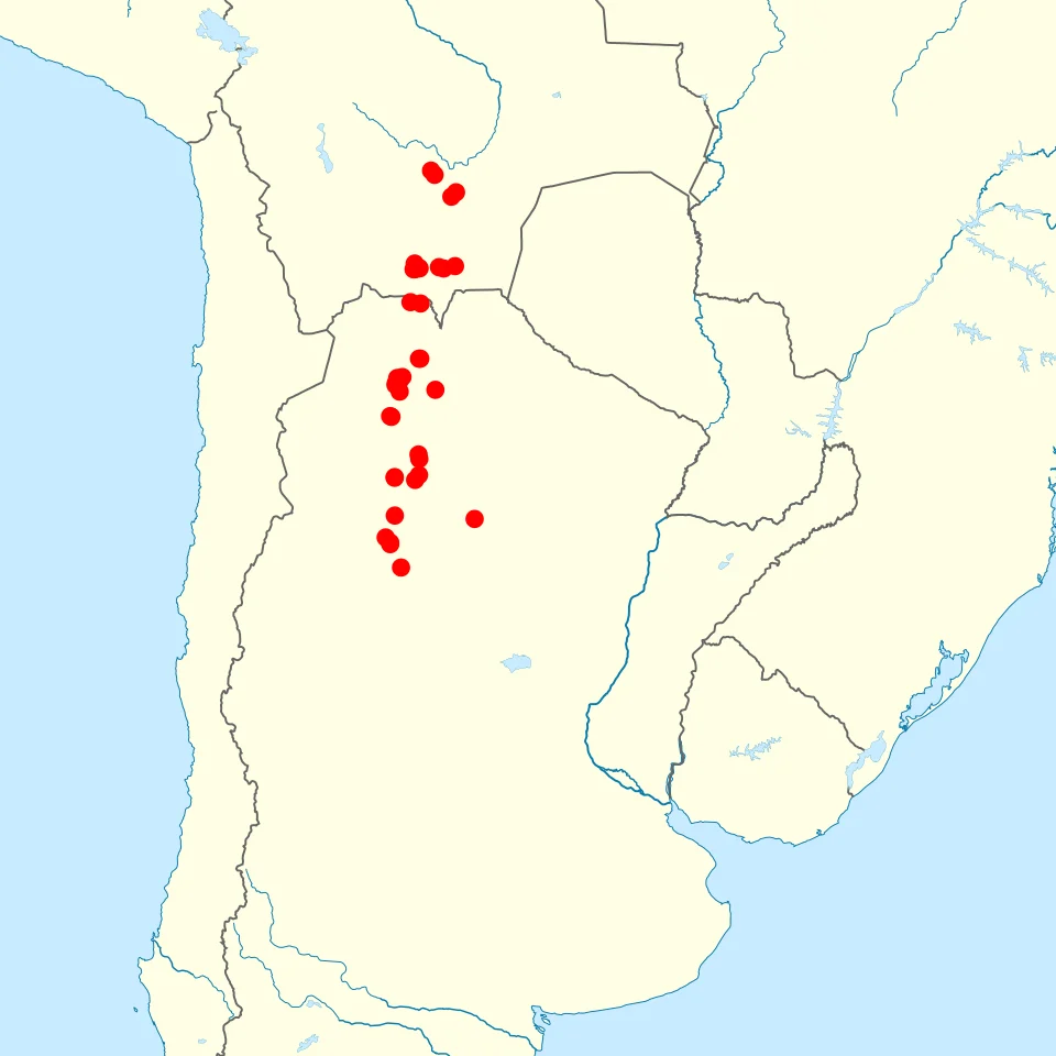 Distribution of the rodent Akodon caenosus in southern South America. Sources are indicated in the SVG text and fully cited in the en.wikipedia article. The map was created using the formulas at en:Template:Location map South America and the en:User:Ucucha/Mapper program.