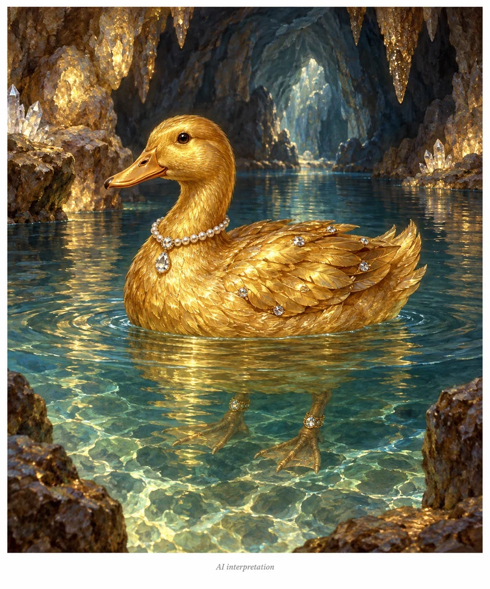 AI interpretation of the Golden Duck’s literary bird phase. Jewelry and cavern imagined; no source illustration copied.