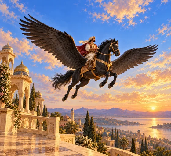 Imagined whole black winged horse with gold tack carries an adult rider above a palace.