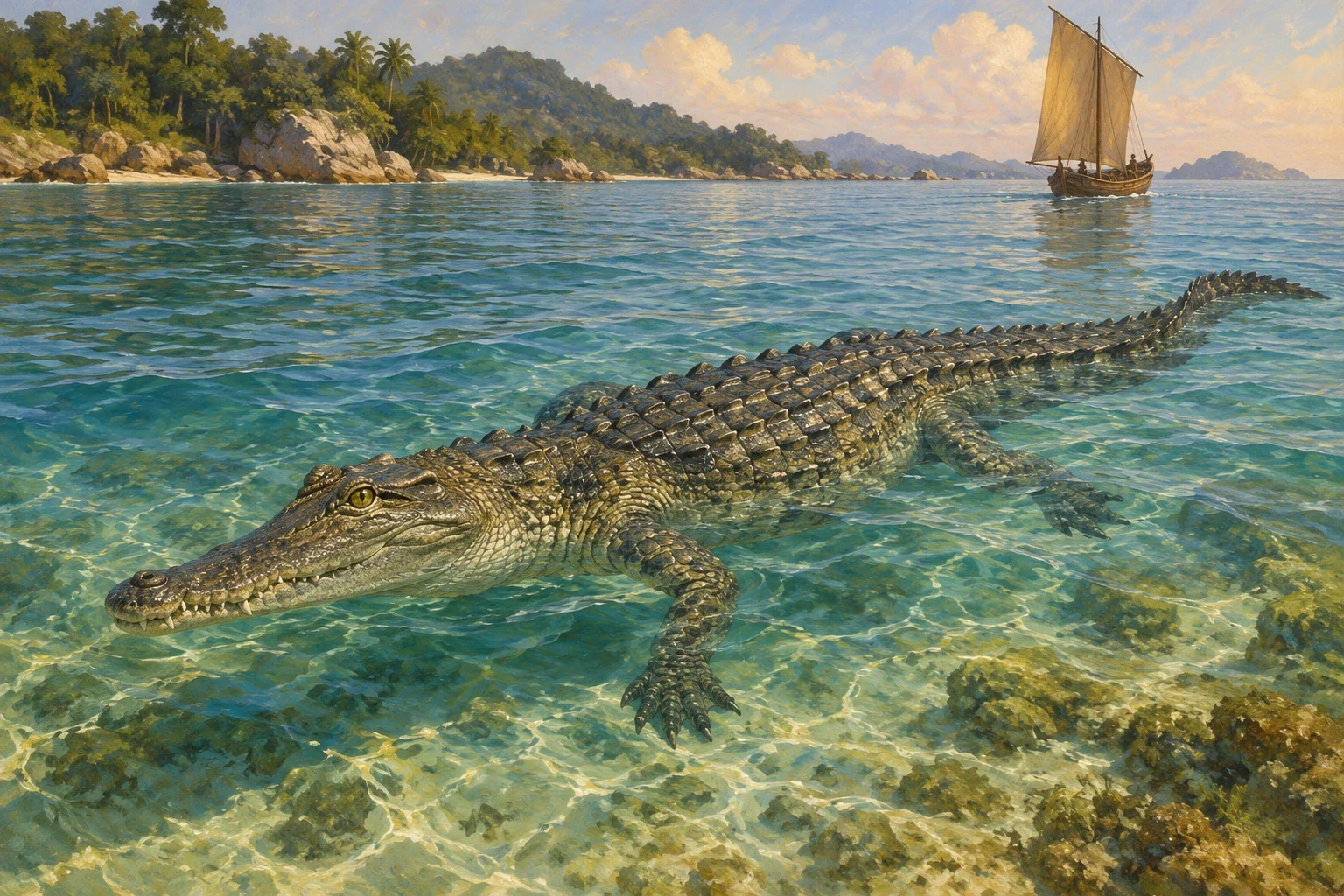 A crocodilian in clear coastal water, with a sailing vessel and green shore in the distance.