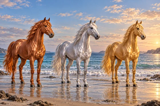 Three complete separate horses with copper, silver and gold surfaces stand beside the sea.