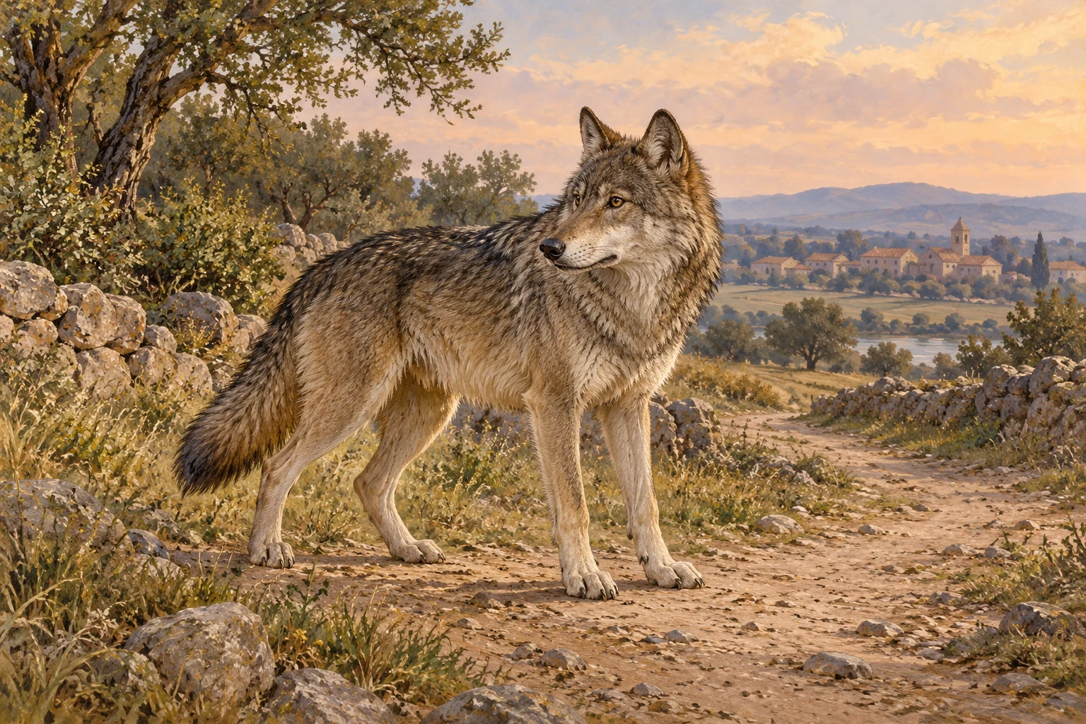 Complete ordinary wolf-like animal pausing on an imagined rural track.