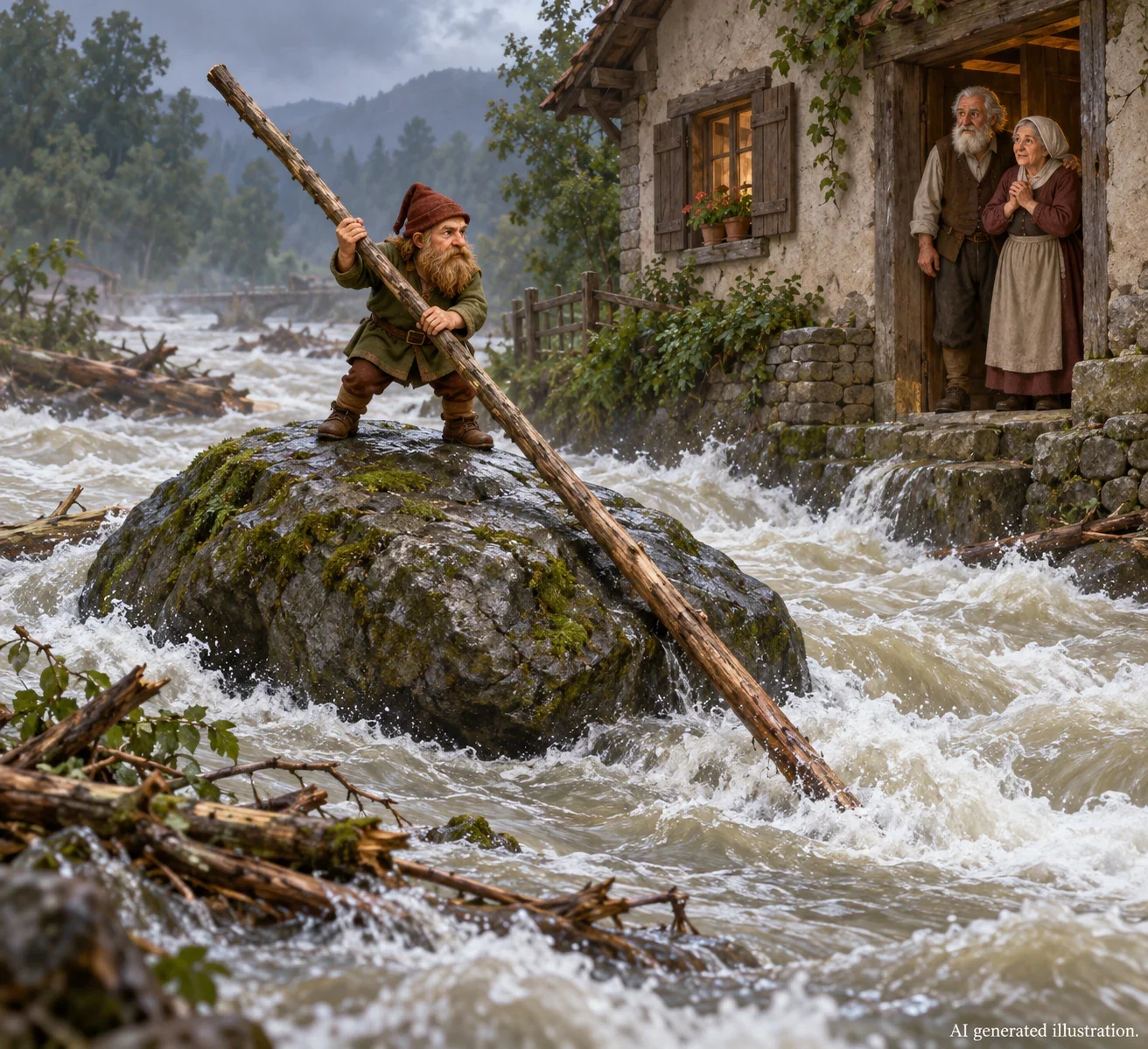 Imagined dwarf steering a rock to shield an elderly couple’s cottage from floodwater.
