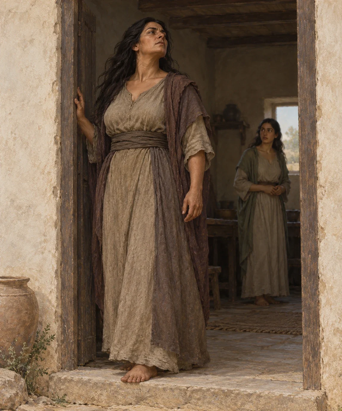 A woman pauses at a house doorway with her head lifted; a second adult woman stands farther inside.
