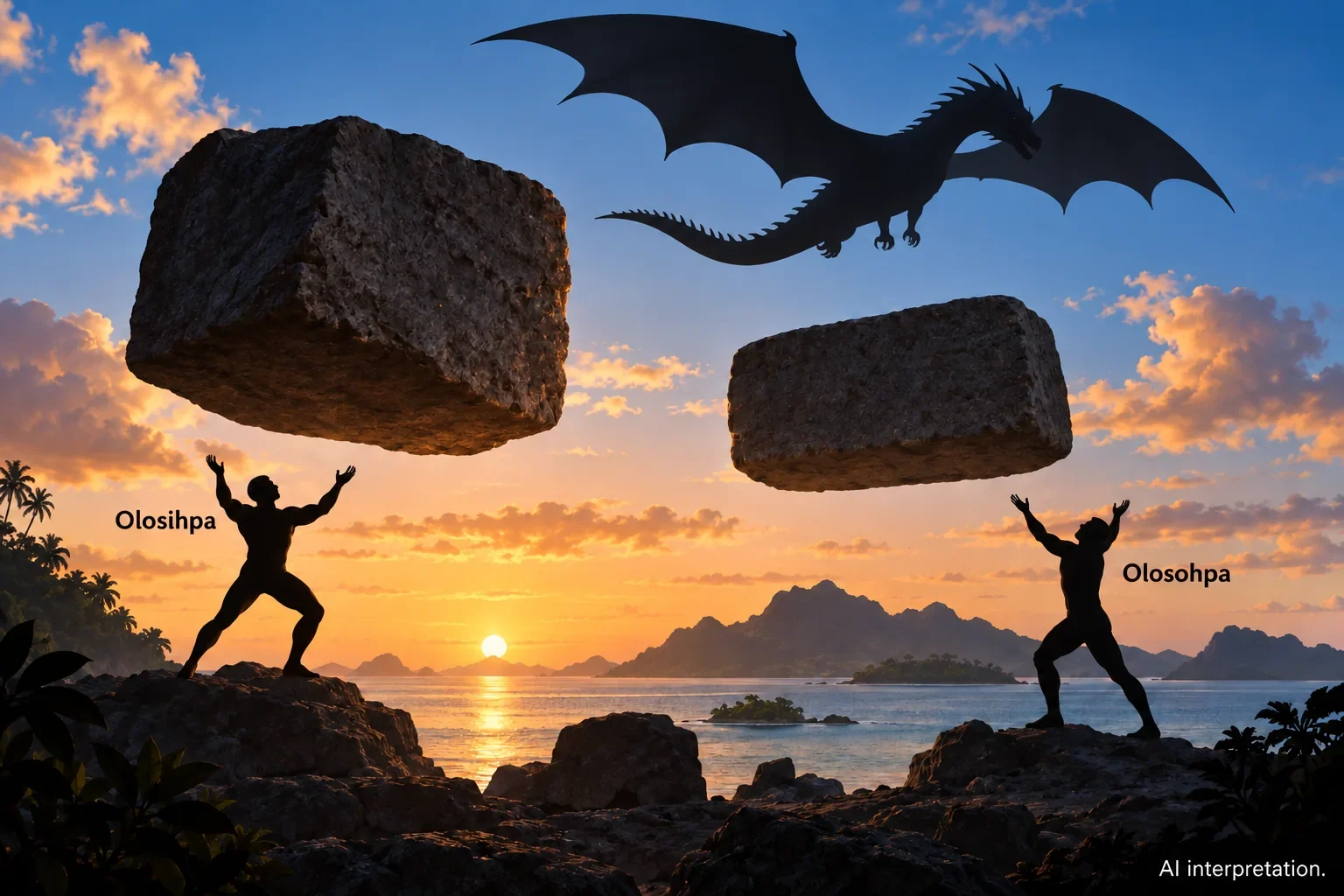 Twins and dragon beside hovering stones