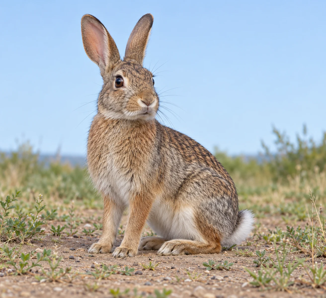 A complete imagined rabbit sitting alert on simple ground.