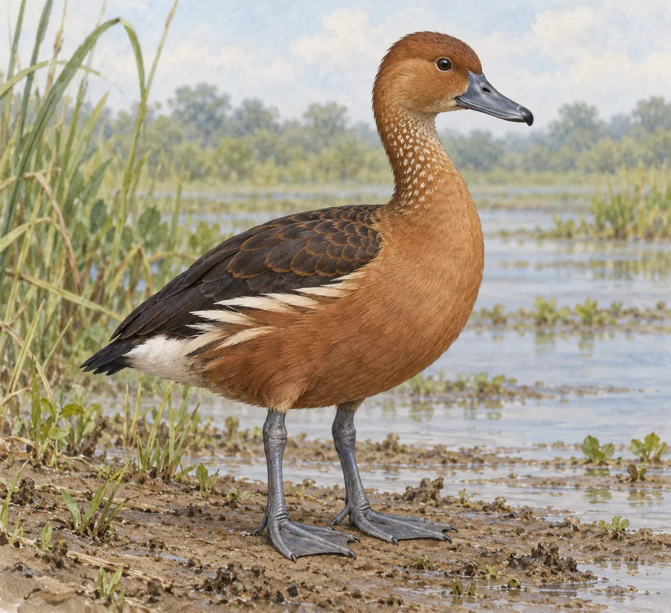 Modern AI interpretation of a whole adult fulvous whistling-duck.