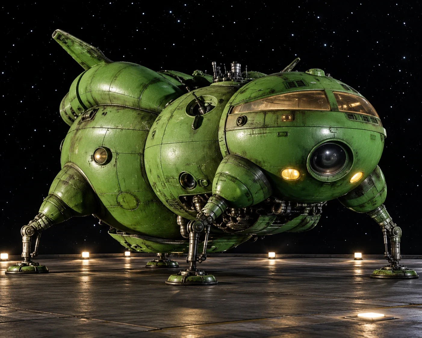 Green bulbous Starbug shuttle with landing supports.